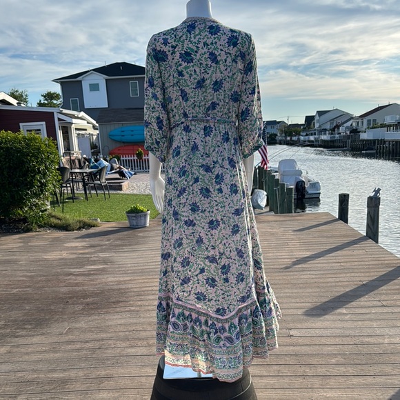 Blue and White Ruffled Midi Sundress with Plunge Neckline - Picture 7 of 16